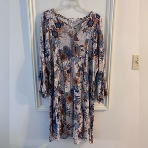 Boho Floral V-Neck Tunic Dress in Blue and Brown